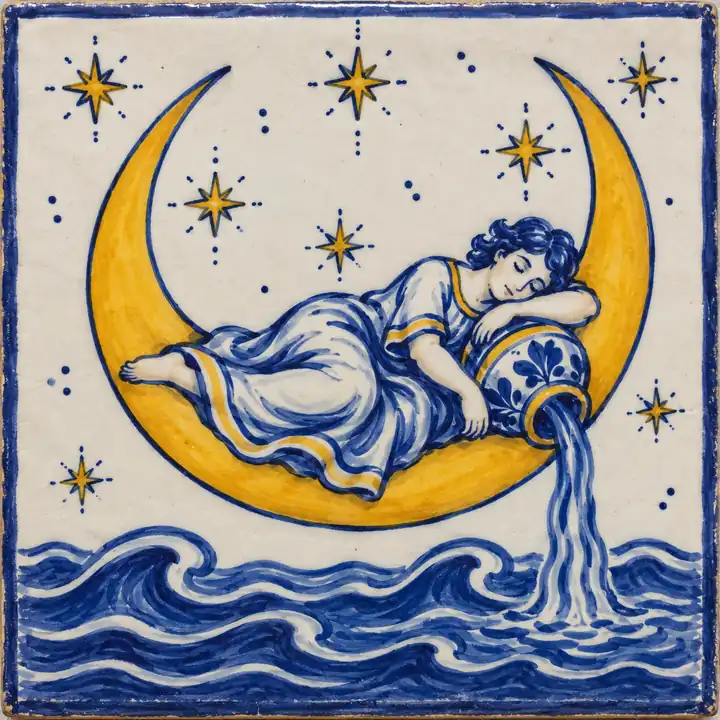 Azulejo pintado a mano: una figura dormida junto a un cántaro que vierte agua sobre una luna creciente encima del mar.