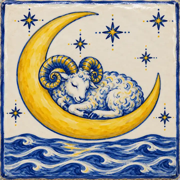 Azulejo pintado a mano: un carnero dormido sobre una luna creciente encima del mar.