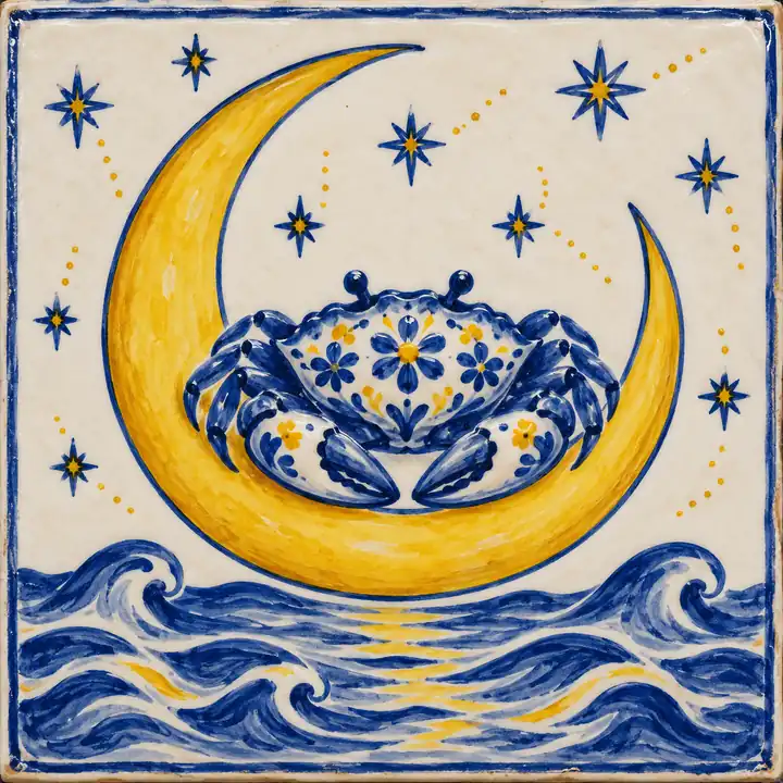 Azulejo pintado a mano: un cangrejo en reposo sobre una luna creciente encima del mar.
