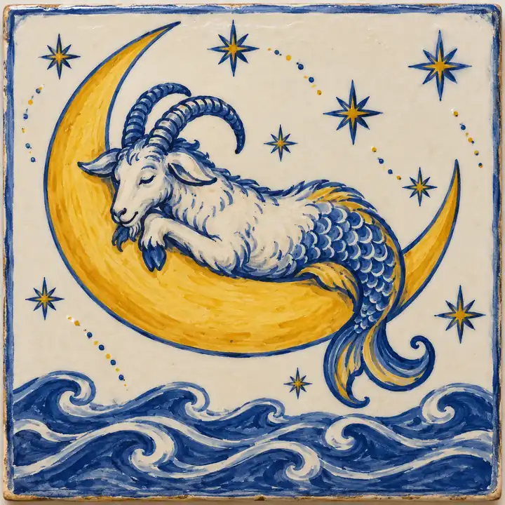 Azulejo pintado a mano: una cabra marina dormida sobre una luna creciente encima del mar.