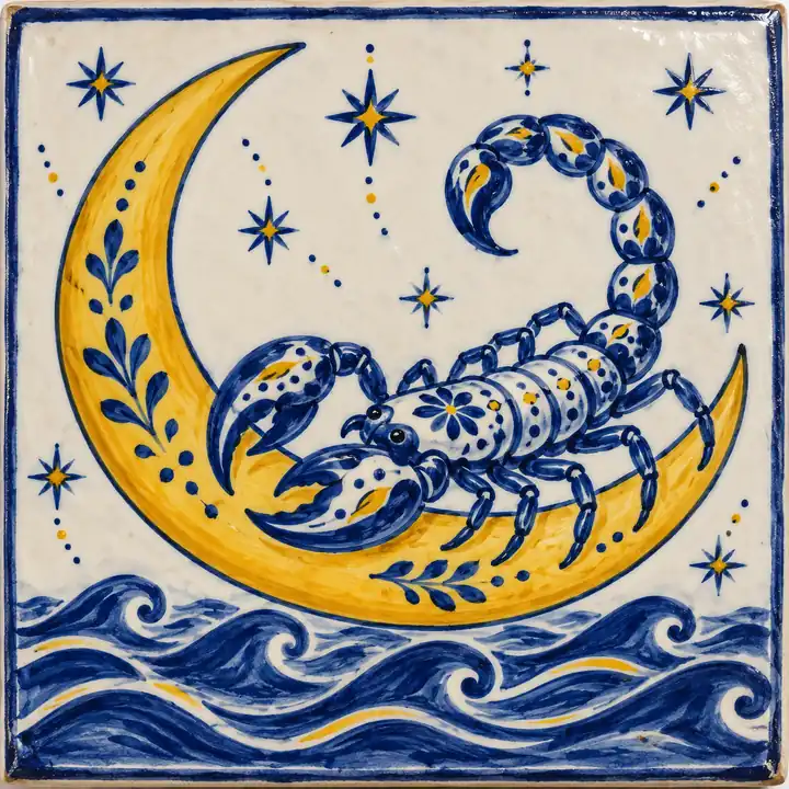 Azulejo pintado a mano: un escorpión en reposo sobre una luna creciente encima del mar.