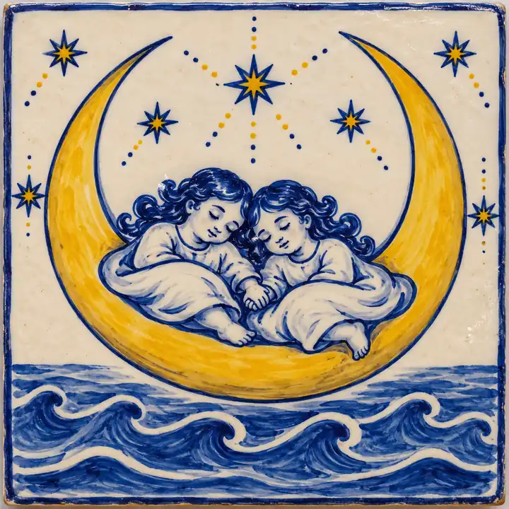 Azulejo pintado a mano: dos gemelos dormidos sobre una luna creciente encima del mar.