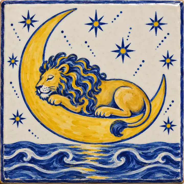 Azulejo pintado a mano: un león dormido sobre una luna creciente encima del mar.