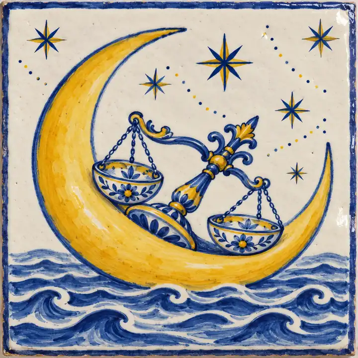 Azulejo pintado a mano: una balanza en reposo sobre una luna creciente encima del mar.
