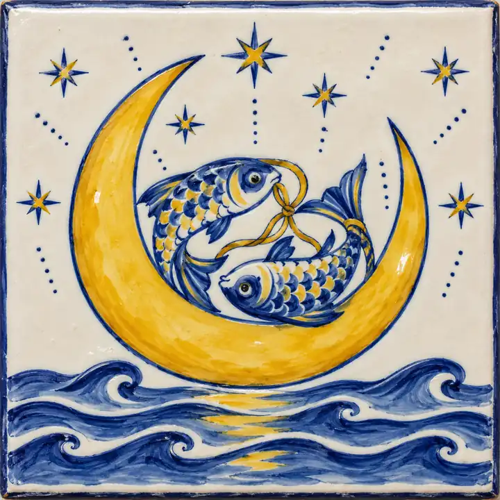 Azulejo pintado a mano: dos peces unidos por una cinta sobre una luna creciente encima del mar.