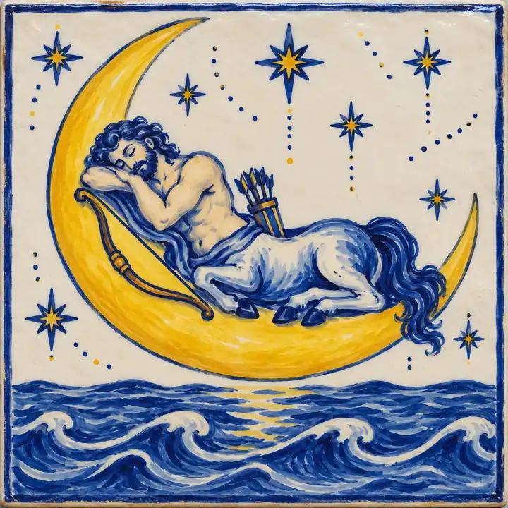 Azulejo pintado a mano: un centauro arquero dormido sobre una luna creciente encima del mar.