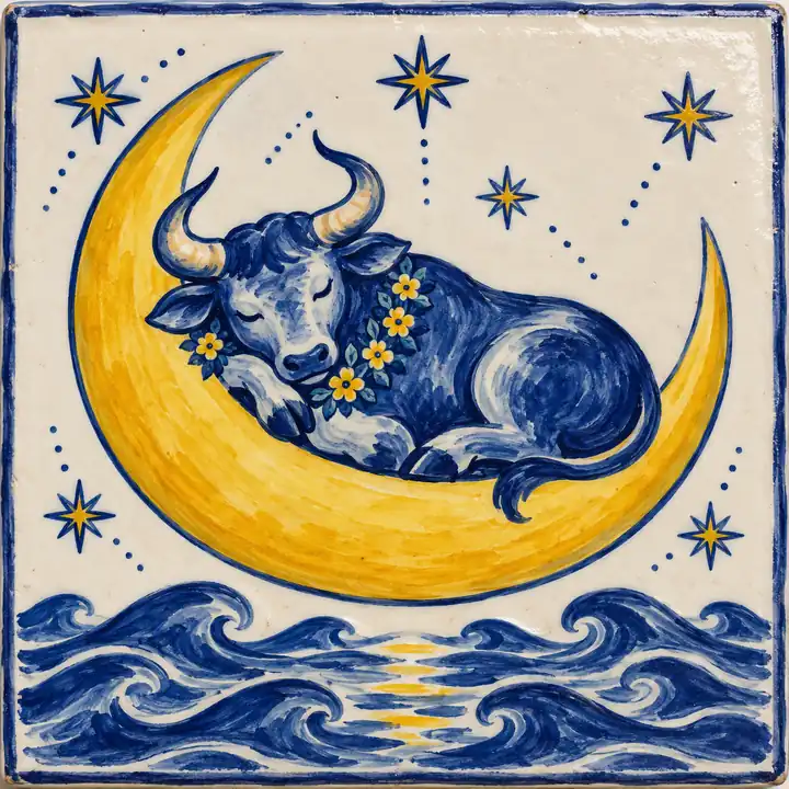 Azulejo pintado a mano: un toro dormido sobre una luna creciente encima del mar.