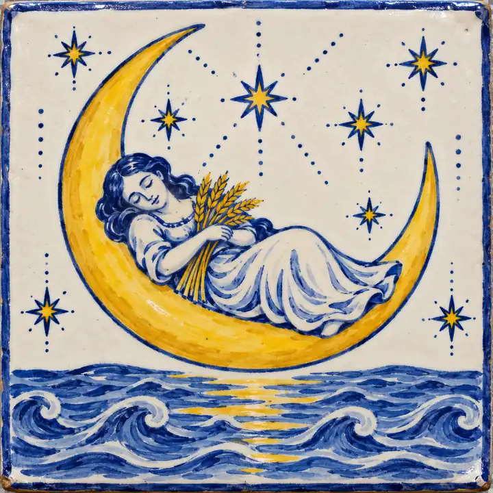Azulejo pintado a mano: una joven dormida con una gavilla de trigo sobre una luna creciente encima del mar.