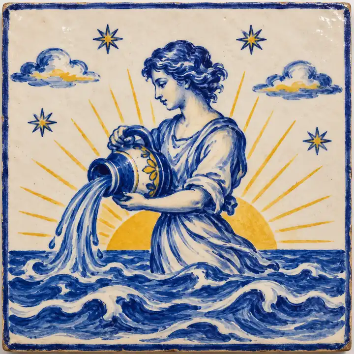 Azulejo pintado a mano: una figura que vierte agua de un cántaro sale del mar como el sol de la mañana.
