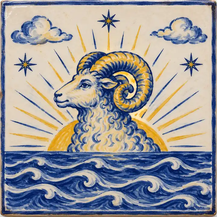 Azulejo pintado a mano: un carnero sale del mar como el sol de la mañana.