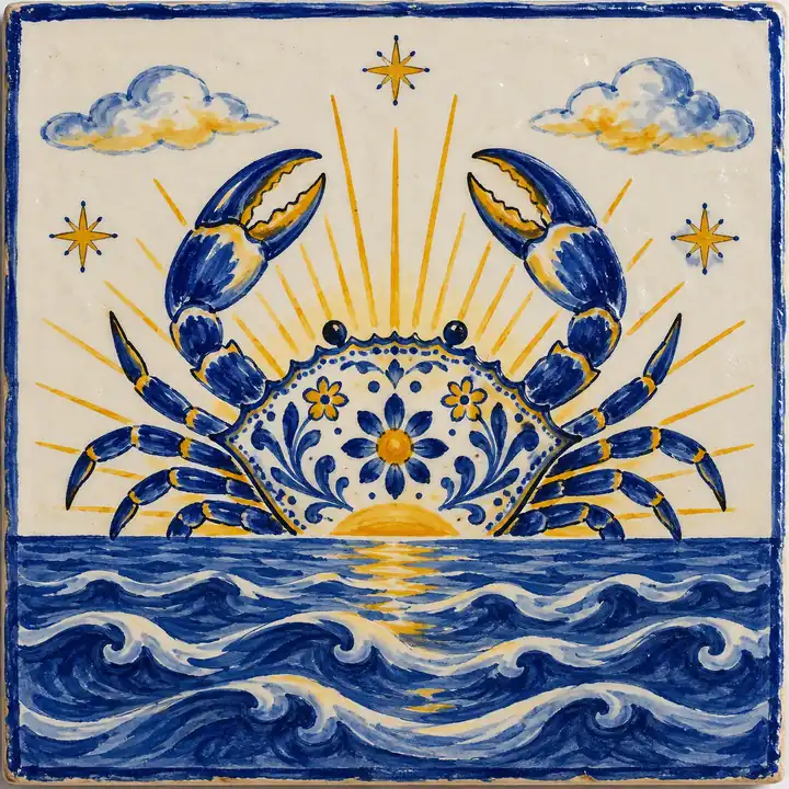 Azulejo pintado a mano: un cangrejo sale del mar como el sol de la mañana.