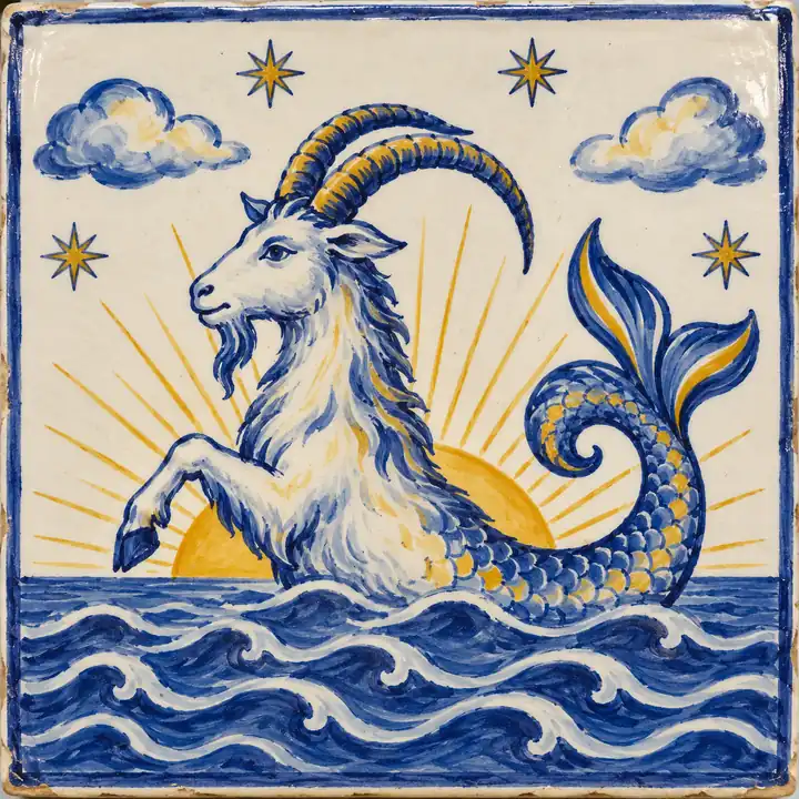 Azulejo pintado a mano: una cabra marina con cola de pez sale del mar como el sol de la mañana.