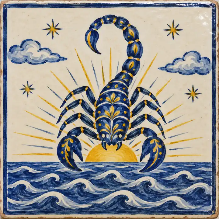 Azulejo pintado a mano: un escorpión sale del mar como el sol de la mañana.