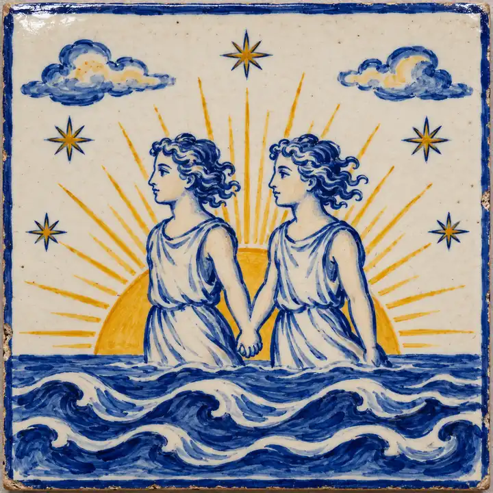 Azulejo pintado a mano: dos gemelos sale del mar como el sol de la mañana.