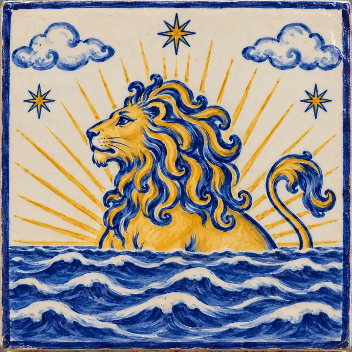 Azulejo pintado a mano: un león sale del mar como el sol de la mañana.