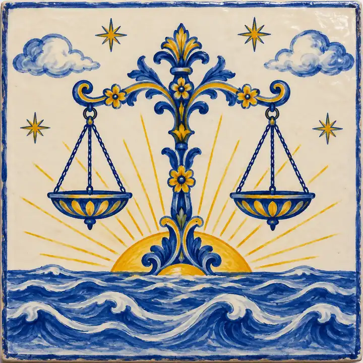 Azulejo pintado a mano: una balanza sale del mar como el sol de la mañana.