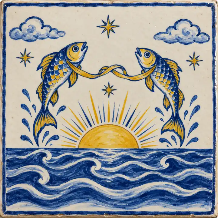 Azulejo pintado a mano: dos peces unidos por una cinta sale del mar como el sol de la mañana.