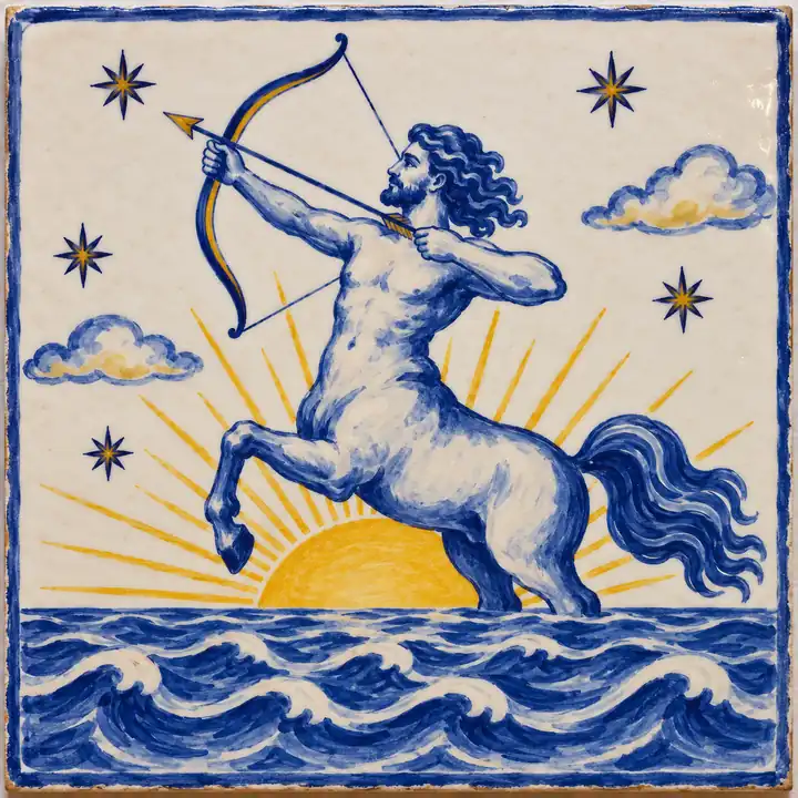 Azulejo pintado a mano: un centauro arquero sale del mar como el sol de la mañana.