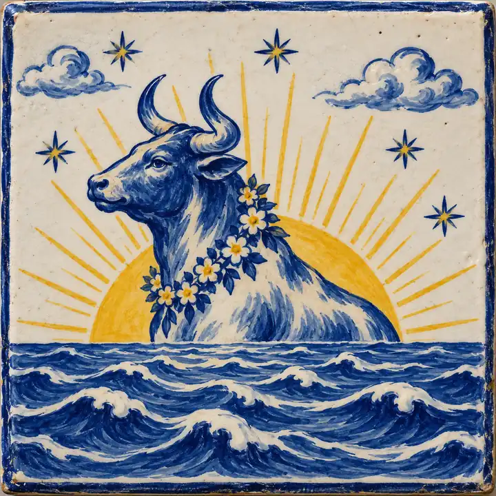 Azulejo pintado a mano: un toro sale del mar como el sol de la mañana.