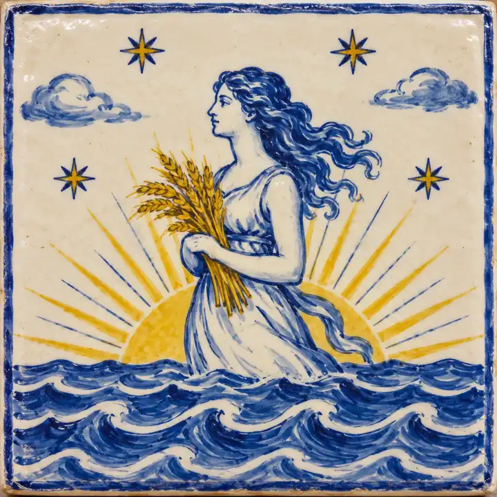 Azulejo pintado a mano: una joven con una gavilla de trigo sale del mar como el sol de la mañana.